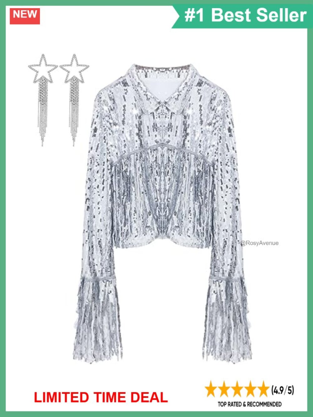 Sequin Fringe Jacket & Star Crystal Tassel Earring Set Polyester Copper